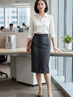 Eugen Klein Long Wool Blend Striped Pencil Skirt